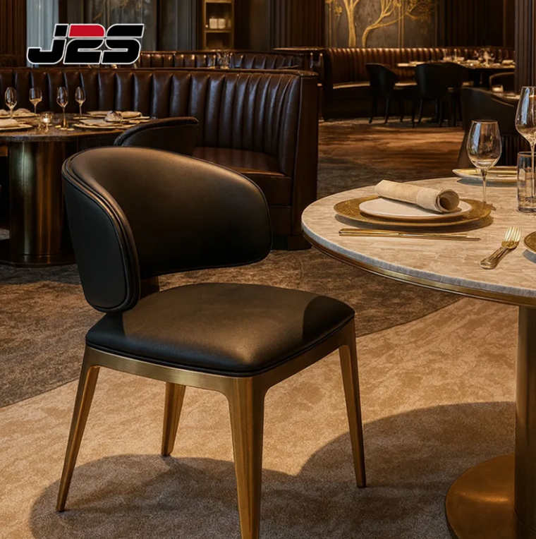 J2s Modern Luxury Commercial Restaurant Furniture Black Leather Restaurant Chair with Brushed Gold Stainless Steel Legs thumbnail 4