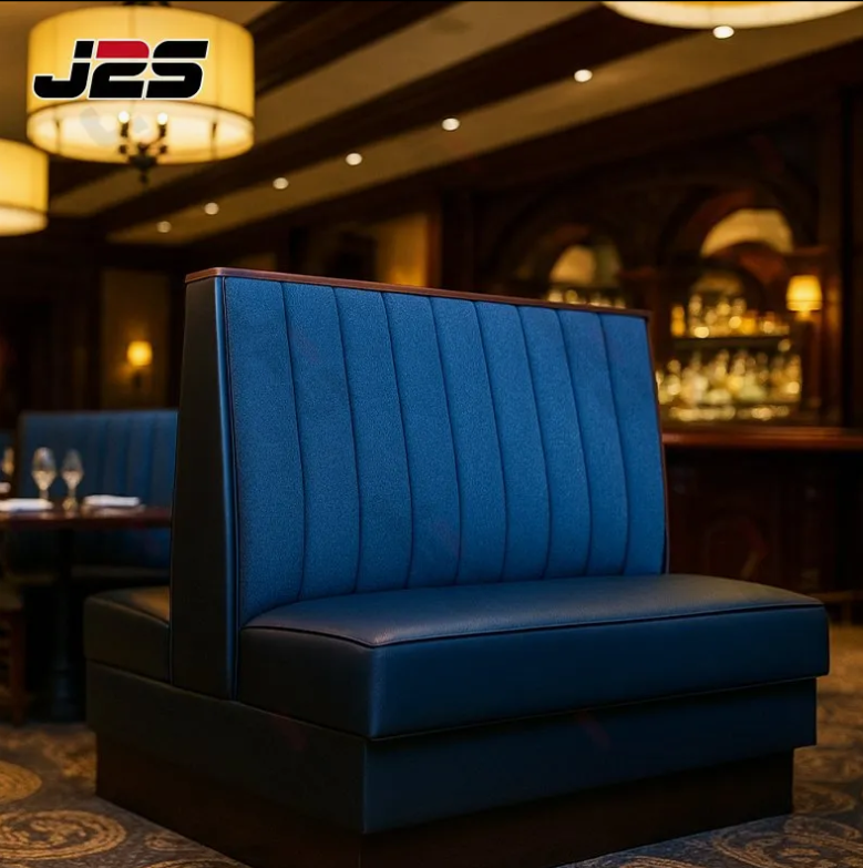 J2s Classic Commercial Restaurant Booth Seating Navy Blue Leather High Back Banquette with Solid Wood Top Cap thumbnail 3