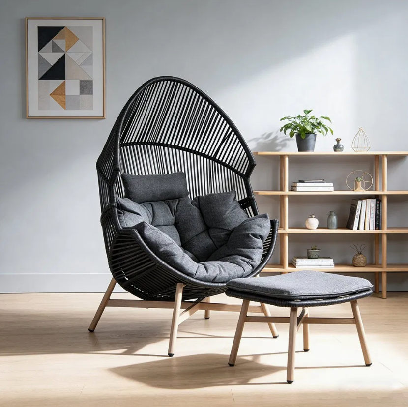 Modern Luxury Portable Sofa with Ottoman Outdoor Patio Egg Lounge Rattan Chair