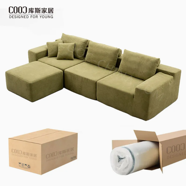 Olive Green Modern L-Shaped Fabric Sectional Living Room Home Furniture Boneless Vacuum Compressed Sofa Couch Set
