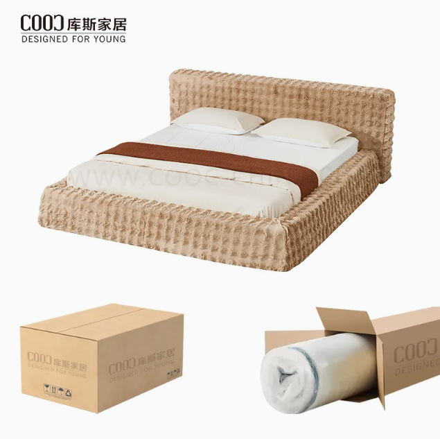 High End Luxury Long Pile Fabric Vacuum Pack Foam Furniture Queen King Size Double Frameless Bed Frame Compressed Bed thumbnail 2
